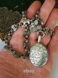 Antique-Victorian-Ornate Solid Silver Chunky Link Belcher Chain & Locket-c1900
