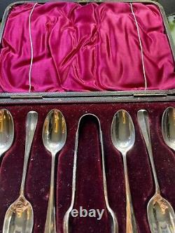 Antique Victorian Rattail 1894 Boxed Set 6 Teaspoons & Sugar Tongs Silver'JS