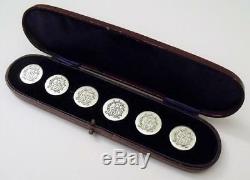 Antique Victorian Set Of 6 Six Silver Buttons & Box Initialed GA or AG