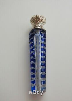 Antique Victorian Silver & Glass Overlay Perfume Scent Bottle Blue