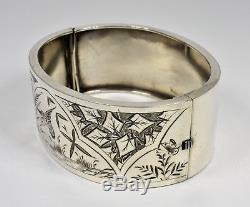 Antique Victorian Solid Silver Aesthetic Hinged Bracelet, c1890