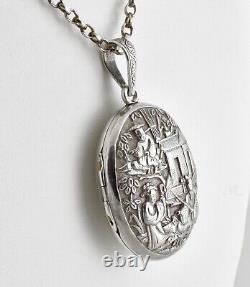 Antique Victorian Solid Silver Chinoiserie Locket Pendant, c1880