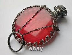 Antique Victorian Solid Silver Cranberry Glass Chatelaine Scentbottle Circa1880
