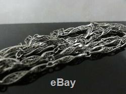 Antique Victorian Solid Silver Fancy Filigree Ornate Links Long Chain Necklace