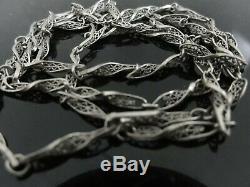 Antique Victorian Solid Silver Fancy Filigree Ornate Links Long Chain Necklace