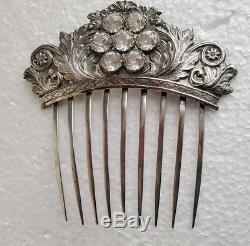 Antique Victorian Solid Silver Hair Comb, Paste Stones, Ornament Headdress
