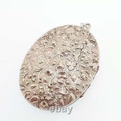 Antique Victorian Solid Silver Locket Shell & Flower Embossed Large Big Oval