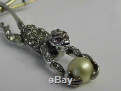 Antique Victorian Solid Silver Pearl Knoll & Pregizer Hanging Monkey Brooch