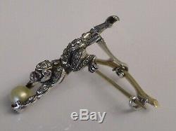 Antique Victorian Solid Silver Pearl Knoll & Pregizer Hanging Monkey Brooch