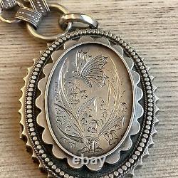 Antique Victorian Solid Sterling Silver Butterfly Locket & Book Chain 1884