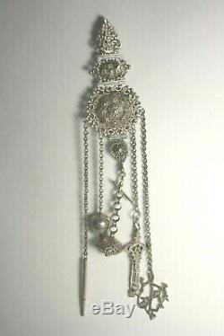 Antique Victorian Sterling Silver Chatelaine Sewing Multiple Piece Emerald Stone