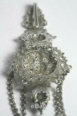 Antique Victorian Sterling Silver Chatelaine Sewing Multiple Piece Emerald Stone