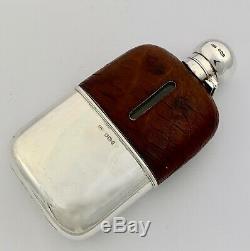 Antique Victorian Sterling Silver & Crocodile Leather Hip Flask & Cup 1897