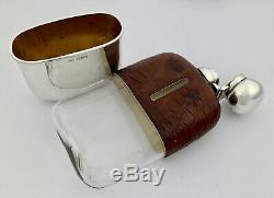 Antique Victorian Sterling Silver & Crocodile Leather Hip Flask & Cup 1897
