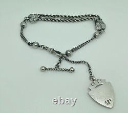 Antique Victorian Sterling Silver Heart Albertina 8.25 + T-Bar, Watch Fob