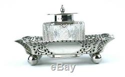 Antique Victorian Sterling Silver Ink Well Desk Stand Standish Four Footed