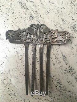 Antique Victorian Sterling Silver Marked Etched Filigree Hair Comb 13g