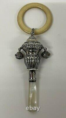 Antique Victorian Sterling Silver Mother of Pearl Baby Rattle Crisford & Norris