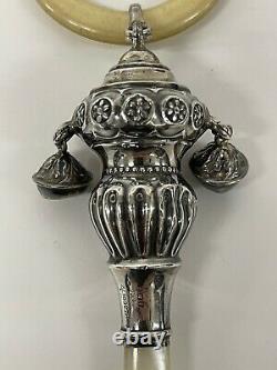 Antique Victorian Sterling Silver Mother of Pearl Baby Rattle Crisford & Norris
