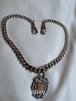 Antique Victorian Sterling Silver Watch Albert Chain Necklace w Gold Front Fob