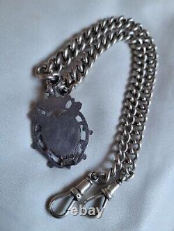 Antique Victorian Sterling Silver Watch Albert Chain Necklace w Gold Front Fob