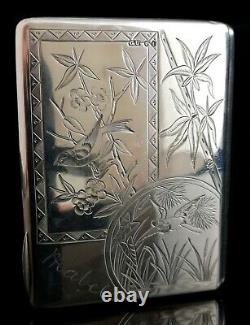 Antique Victorian silver card case, aesthetic engraved, birds, stork