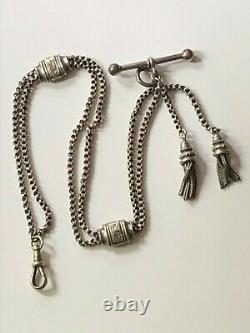 Antique Victorian solid silver albertina watch chain with tassels & t-bar 22.32g