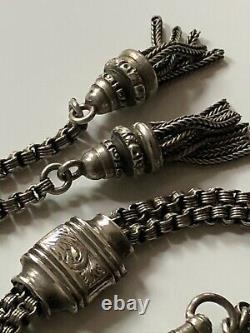 Antique Victorian solid silver albertina watch chain with tassels & t-bar 22.32g