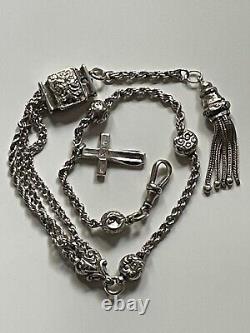 Antique Victorian solid silver ornate albertina watch chain with tassel 14.71g