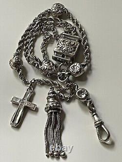 Antique Victorian solid silver ornate albertina watch chain with tassel 14.71g