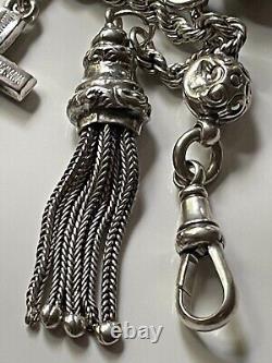 Antique Victorian solid silver ornate albertina watch chain with tassel 14.71g