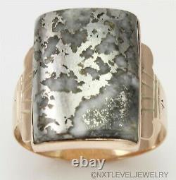Antique c1900 Victorian RARE Silver in Quartz 14k Solid Rose Gold Men's Ring