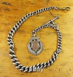 Antique chunky Victorian sterling silver Albert Chain T bar and fob 14 63g