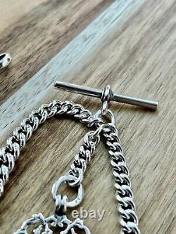 Antique pocket watch chain 1900s Victorian Solid Silver double albert + fob