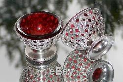 BEAUTIFUL PAIR VICTORIAN George Angell SOLID SILVER & CRANBERRY GLASS OPEN SALTS