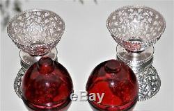 BEAUTIFUL PAIR VICTORIAN George Angell SOLID SILVER & CRANBERRY GLASS OPEN SALTS