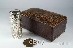 BOXED ANTIQUE ENGLISH LATE VICTORIAN SILVER MINIATURE GLASS SCENT BOTTLE c1889