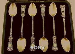 Cased Victorian Imported Solid Silver Gilt Enamel Spoons David Andersen