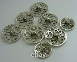 Eight Victorian Solid Sterling Silver Art Nouveau Buttons 1900 Antique Hearts