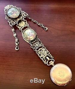 French Rare Hand Painted Gilt Sterling Silver Victorian Chatelaine Pocket Watch