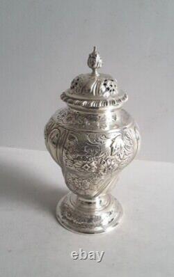 GOOD, LARGE ANT. SOLID SILVER ROCCO STYLE SUGAR CASTER. HT. 17cms. LON. 1898
