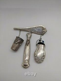 Genuine Antique Victorian Sterling Silver Sewing Kit Brooch Pin Rare 1116-1
