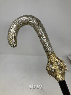 ITALIAN Hand Chased Solid Sterling Silver Walking Stick Cane With Gold Accent