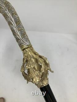 ITALIAN Hand Chased Solid Sterling Silver Walking Stick Cane With Gold Accent