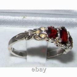 Ladies Solid 925 Sterling Silver Natural Garnet English Victorian Trilogy Ring