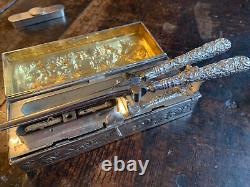 Large Repousse Silver Box Lon 1897 Fitted Silver Handle Curling Tongs & Burner