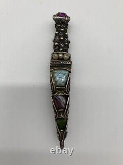 Large Victorian Scottish Dirk Pin Brooch, Agate & Solid Silver Amethyst Pearl