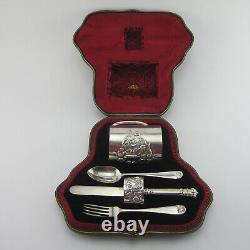 Late Victorian Five Piece Boxed Sterling Silver Christening Set