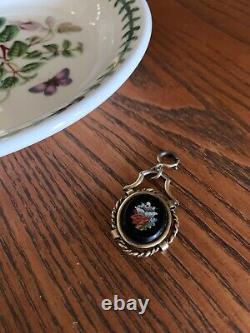 MICROMOSAIC Onyx Silver Gold Victorian Magnifying Locket Mourning Pendant Floral