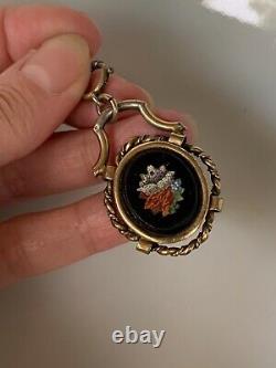 MICROMOSAIC Onyx Silver Gold Victorian Magnifying Locket Mourning Pendant Floral